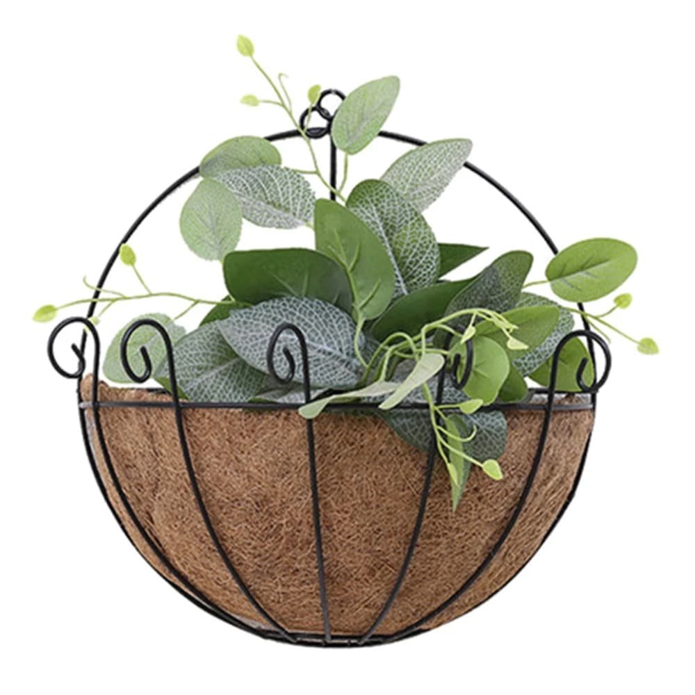 Suporte de metal meia-lua para plantas com forro de fibra de coco e plantas verdes