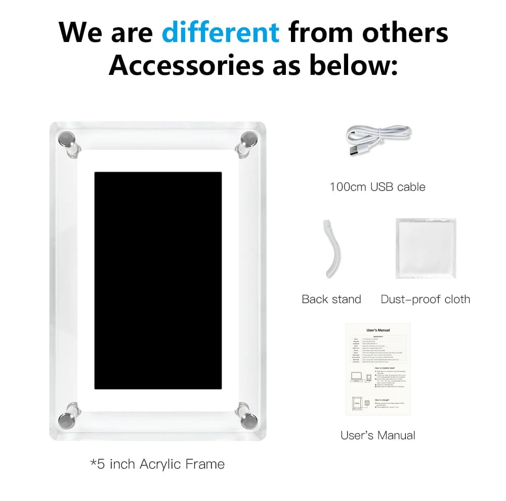Porta-retratos digital branco com moldura acrílica de 5 polegadas e acessórios USB, suporte e manual