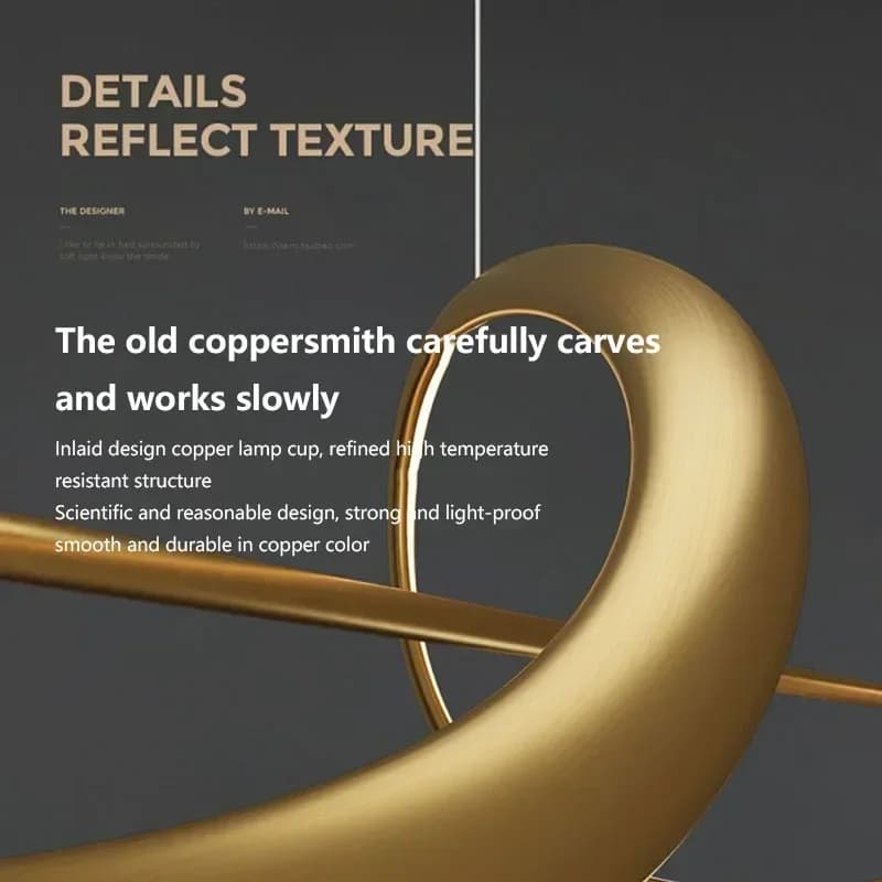 Detalhe da textura dourada da luminária pendente LED moderna com acabamento em cobre resistente