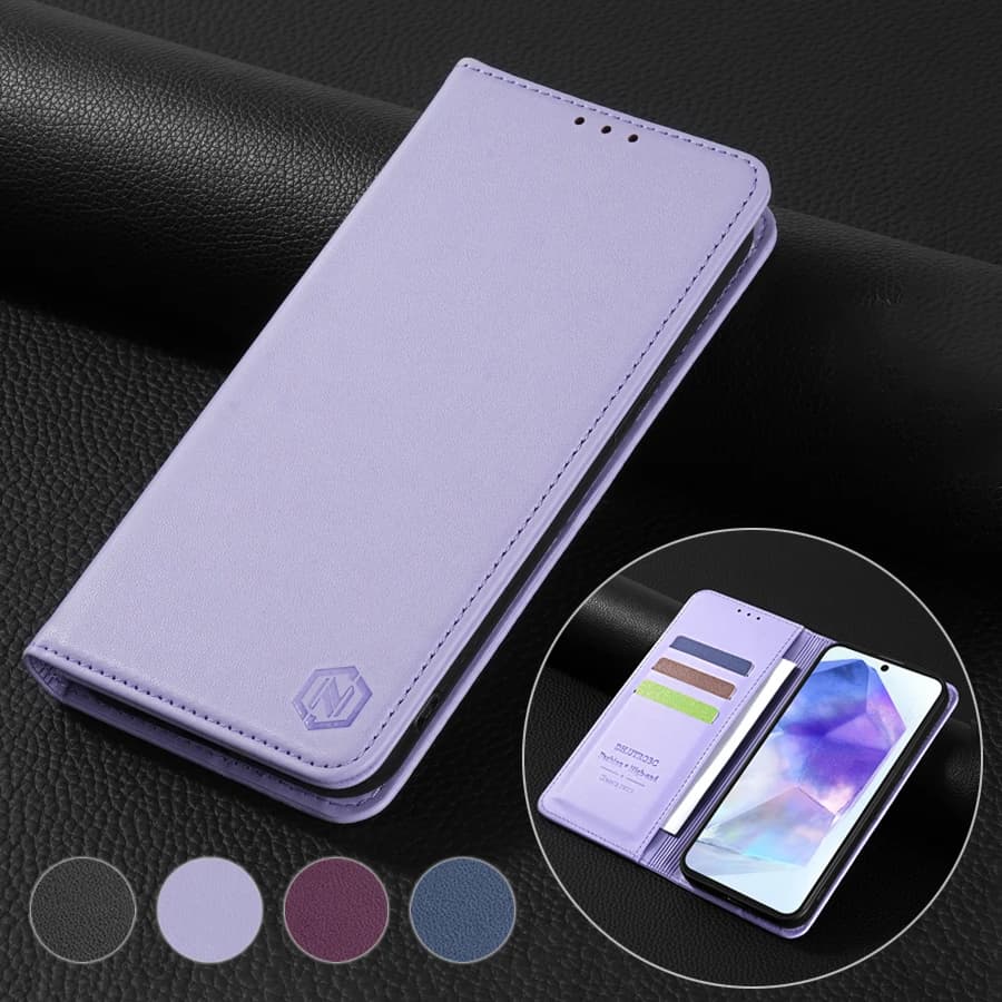 Carteira de couro lilás com flip cover para Samsung Galaxy A05s A13 A14 A15 A24 A34 A35 A52 A53 A54 A55