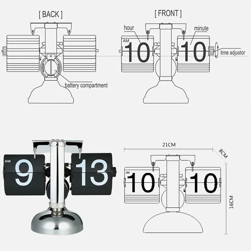 Diagrama técnico e foto do Relógio de Mesa Flip Automático Virar Preto com estrutura metálica e visor flip