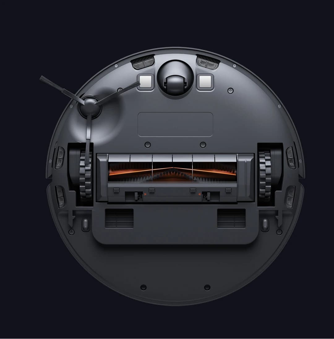 Parte inferior do aspirador robô Xiaomi Dreame Bot Z10 Pro mostrando escova lateral e principal
