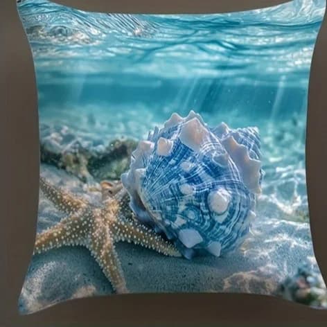 Capa de almofada azul com estampa de concha marinha e estrela do mar em pelúcia curta