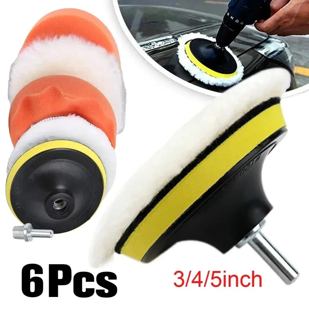 Kit de almofadas de polimento para carro com discos de lã e espuma, 6 peças, 3/4/5 polegadas