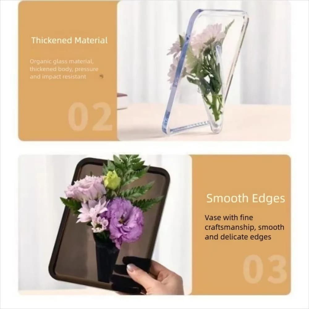 Vaso para flores com bordas suaves em acrílico transparente e fumê exibindo flores delicadas