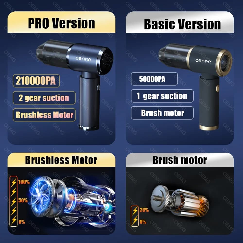 Comparação entre versão Pro e básica do aspirador de pó para carro CENRR com motor brushless e brush motor