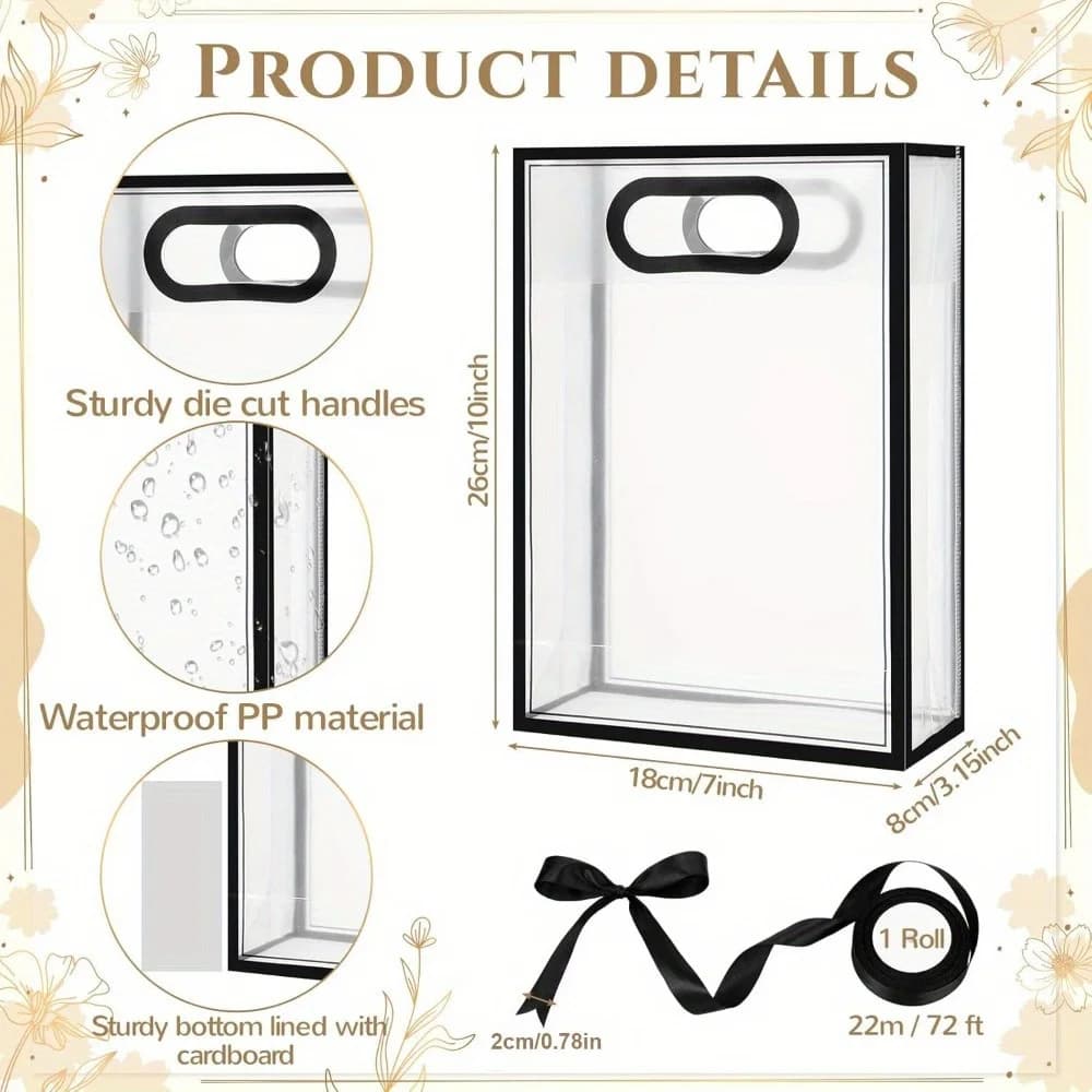 Conjunto de 10 sacos de presente transparentes com fitas rosa e preta