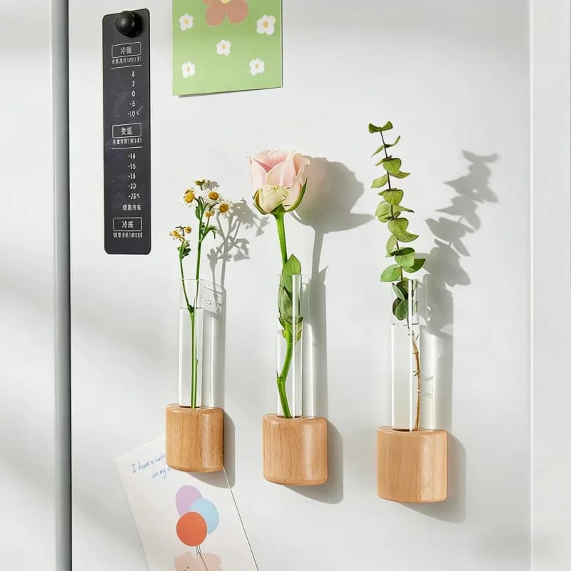 Vasos magnéticos de parede para tubos de ensaio com flores, madeira natural, simples e modernos