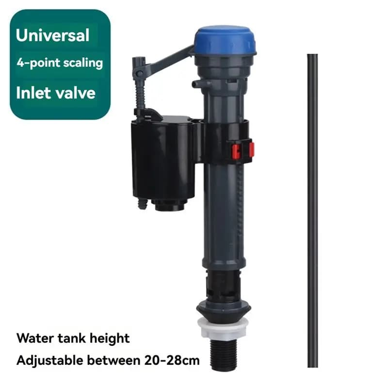 Válvula de enchimento universal para vaso sanitário com corpo preto e tampa azul, vista lateral contra fundo branco.