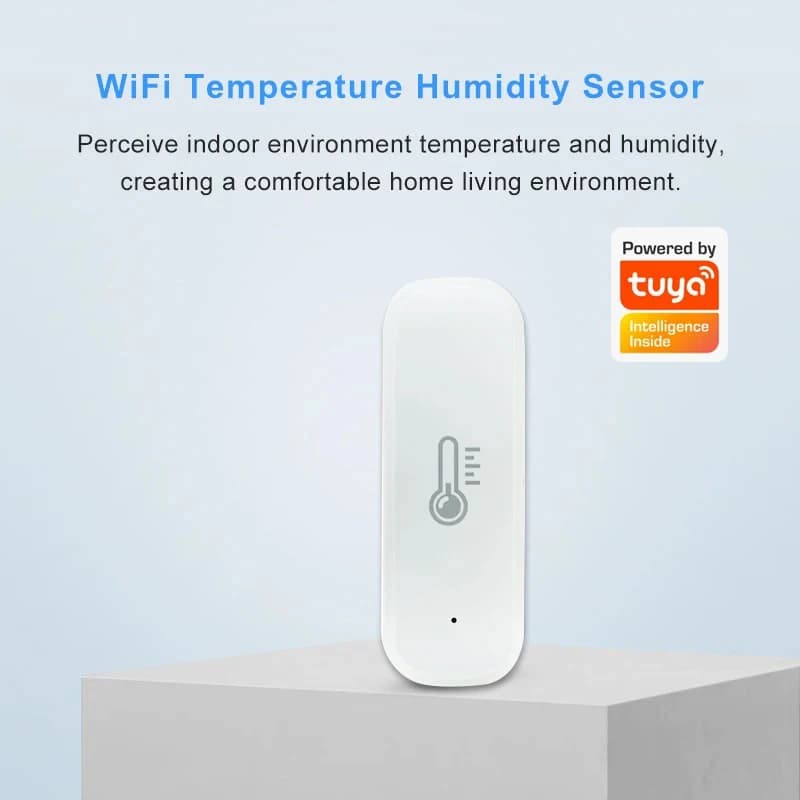 Sensor de temperatura e umidade WiFi Tuya com tela de smartphone mostrando 27.8°C e 80% de umidade