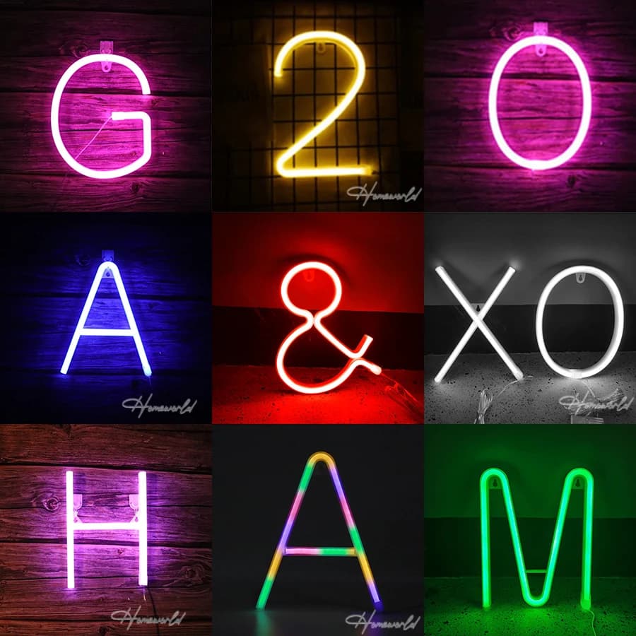Sinal de luz neon em forma de letra G, A, H, O, X, Y, M e número 2 em cores neon. Decoração de parede LED.