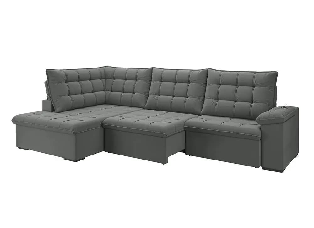 Sofá de canto Flexforma Dallas 6 lugares cinza em suede veludo com design retrátil e reclinável