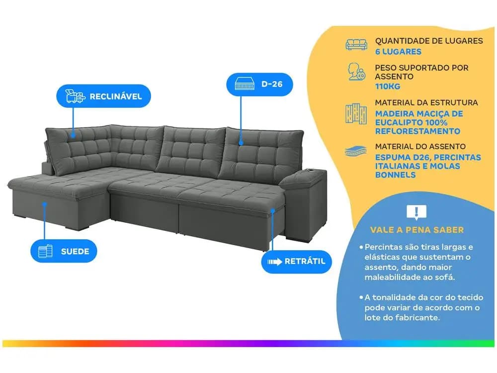 Sofá Flexforma Dallas 6 lugares cinza suede com detalhes técnicos de espuma D26, estrutura em madeira de eucalipto e função retrátil reclinável