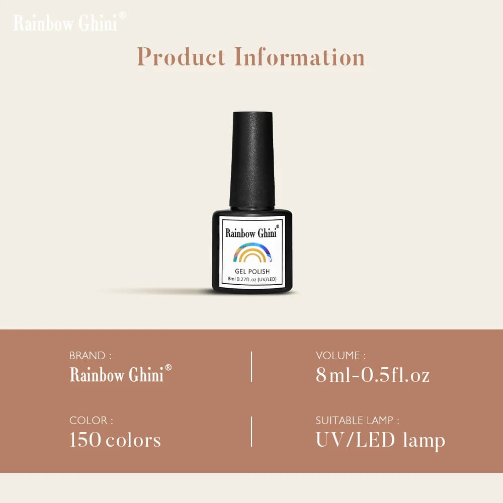 Esmalte em gel Rainbow Ghini 8ml com 150 cores semi-permanente para cabine UV LED