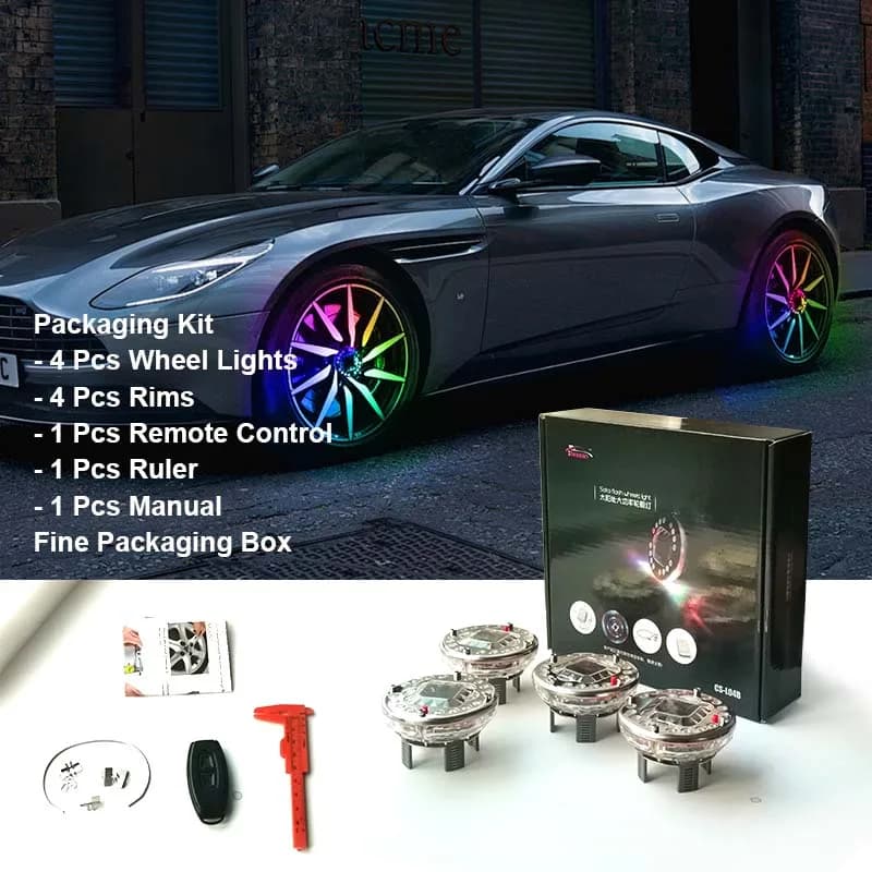Kit luz LED para roda de carro com 4 peças multicoloridas, controle remoto, manual e acessórios de instalação