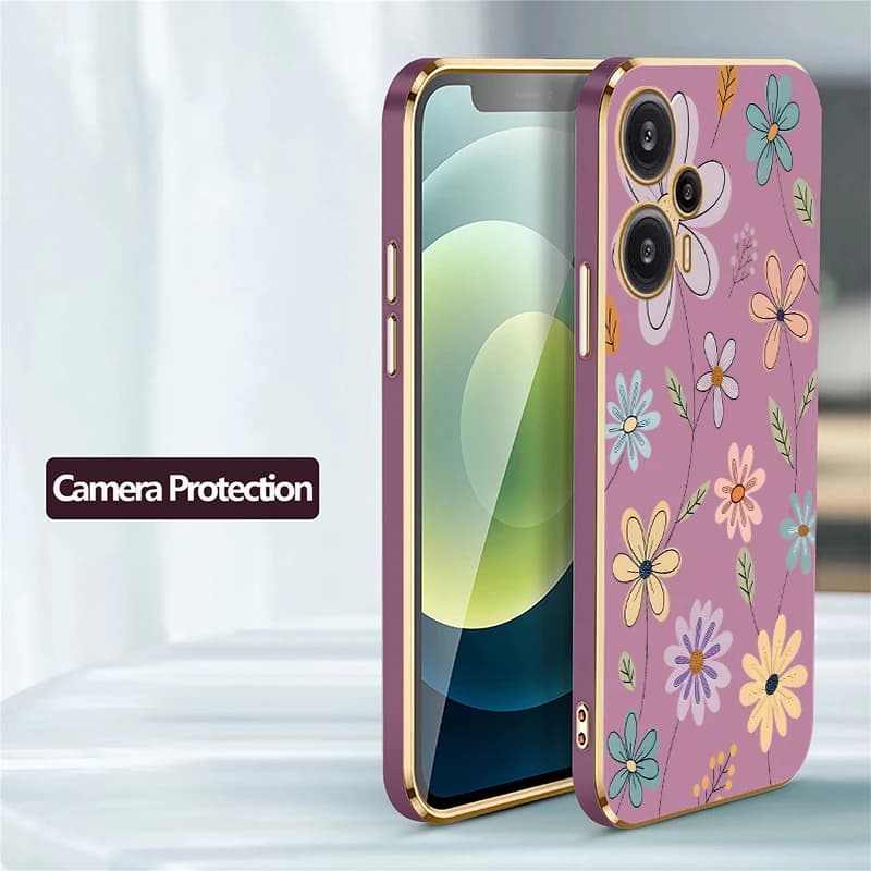 Capa protetora para Xiaomi Poco F8 Ultra F6 Pro com bordas douradas e estampa floral colorida em silicone macio verde claro