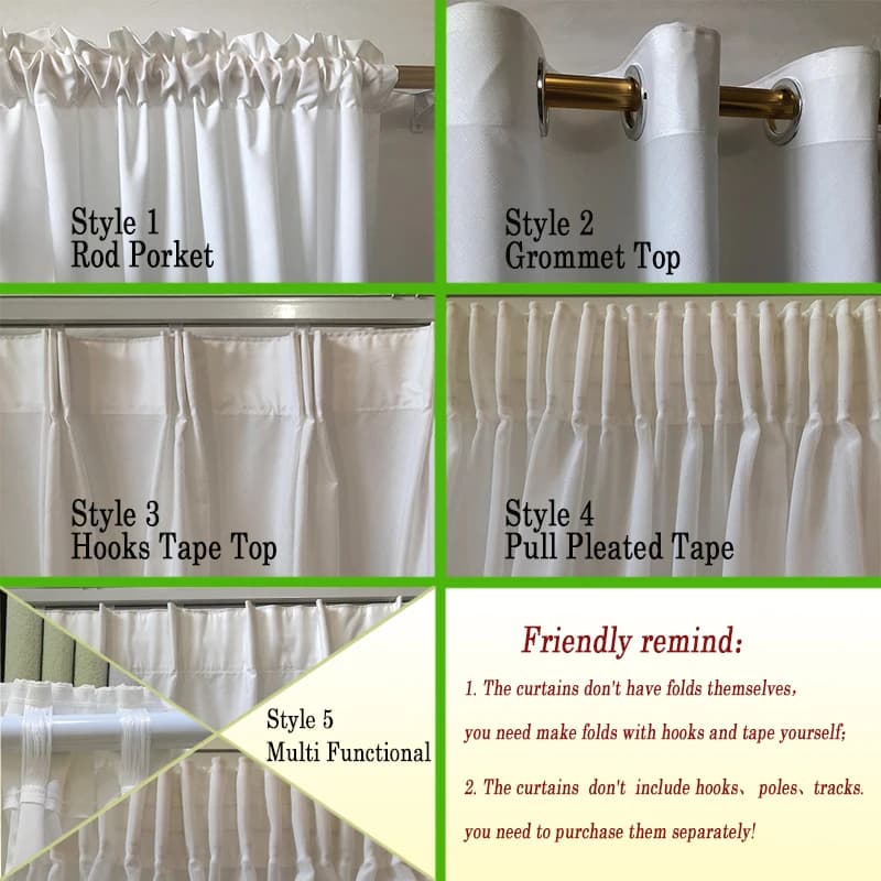 Cinco estilos de cortinas Asazal blackout com diferentes acabamentos para varão e ilhós em branco