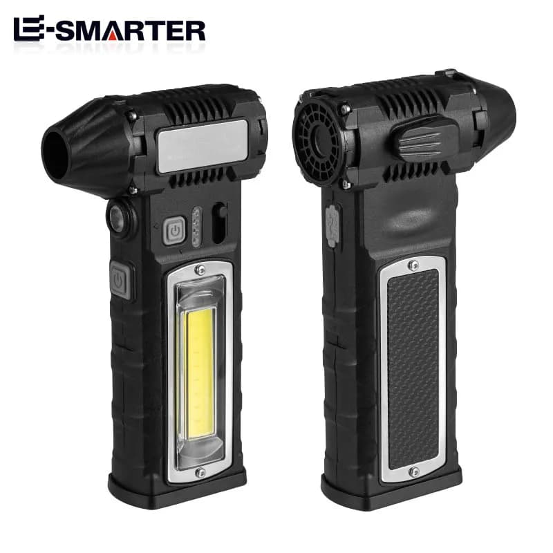Secador de cabelo portátil automotivo preto com ventilador, luz LED frontal e entrada USB