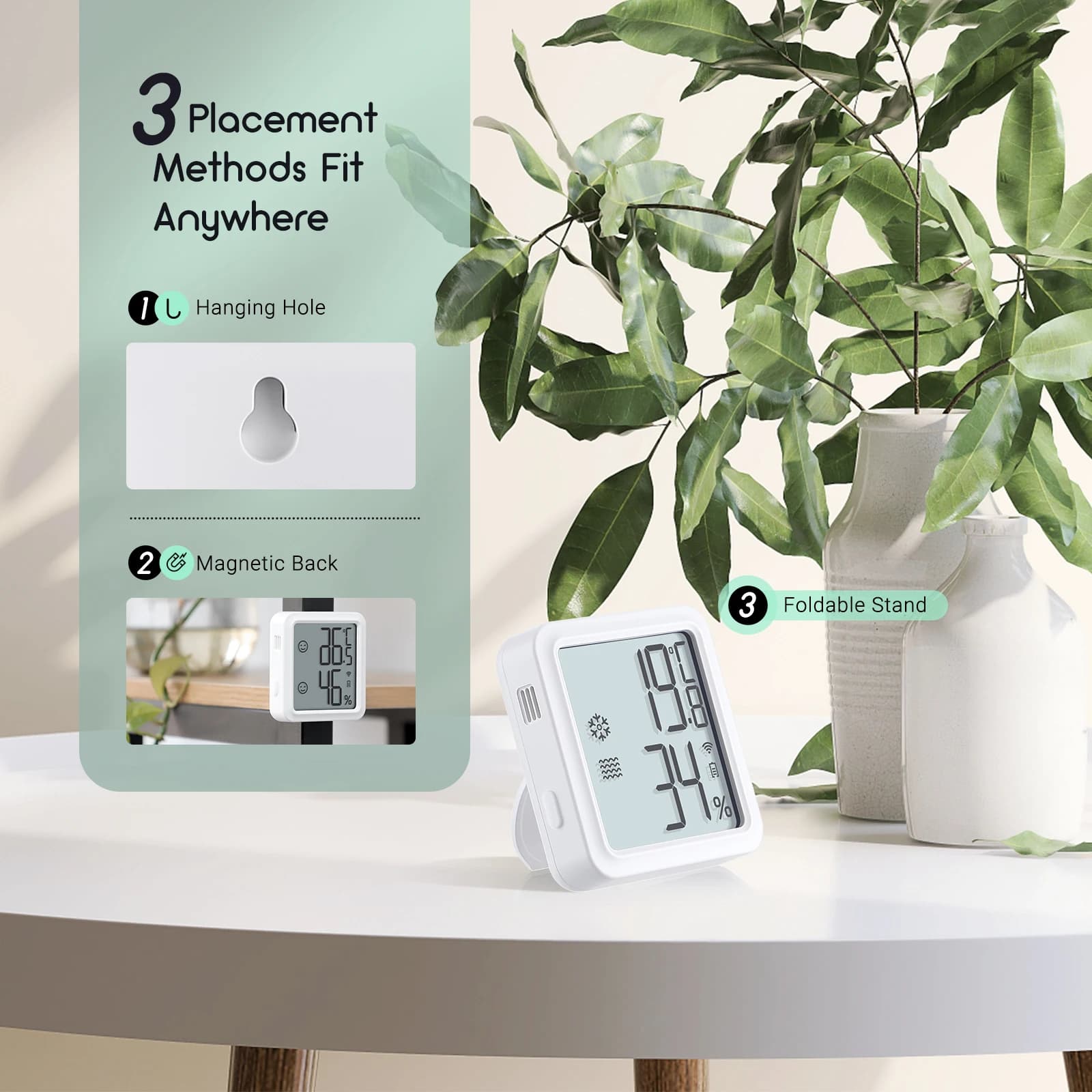Termômetro e higrômetro digital Inkbird IBS-TH3-Plus branco com três métodos de fixação: furo para pendurar, parte magnética e suporte dobrável
