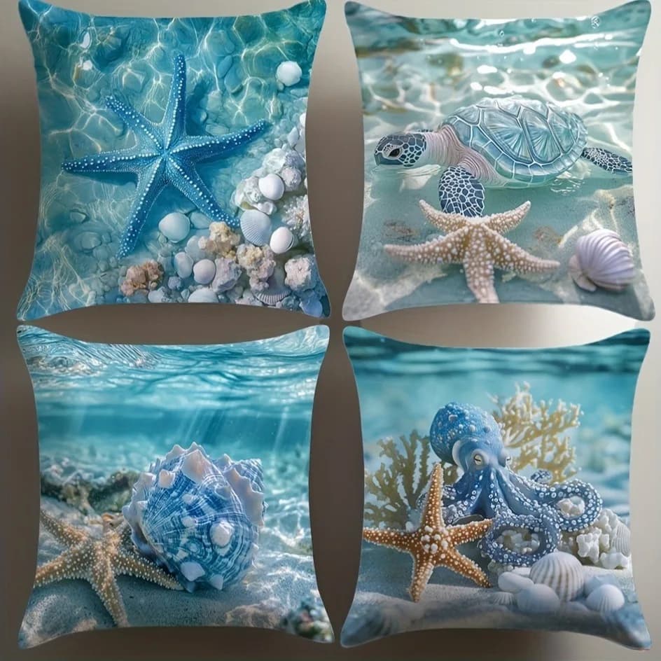 Quatro capas de almofadas com estampas de criaturas marinhas subaquáticas