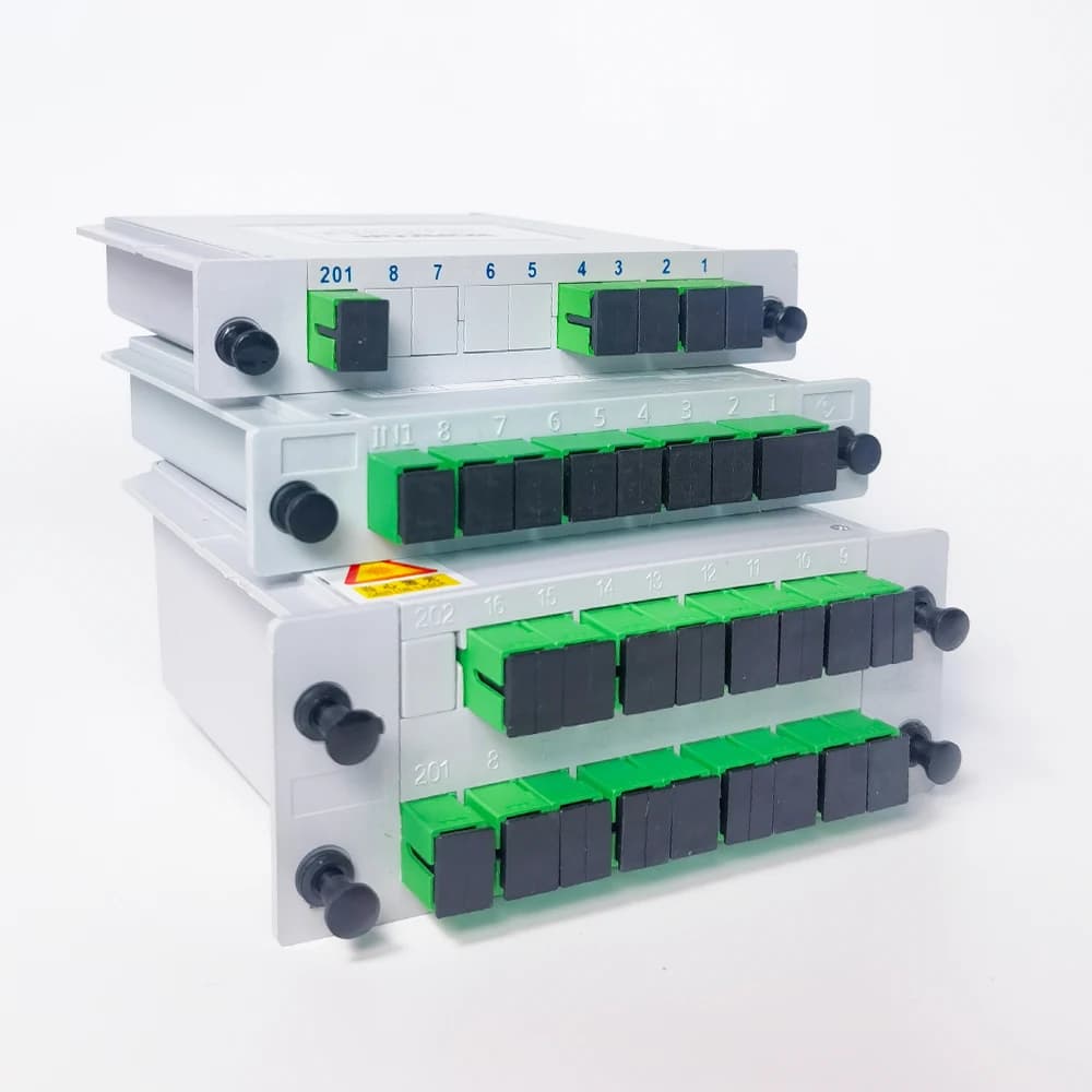 Divisor de fibra óptica 1x2/1x4//1x8/1x16 sc upc/apc cassete caixa plug-in tipo caixa divisor óptico plug-in tipo divisor óptico