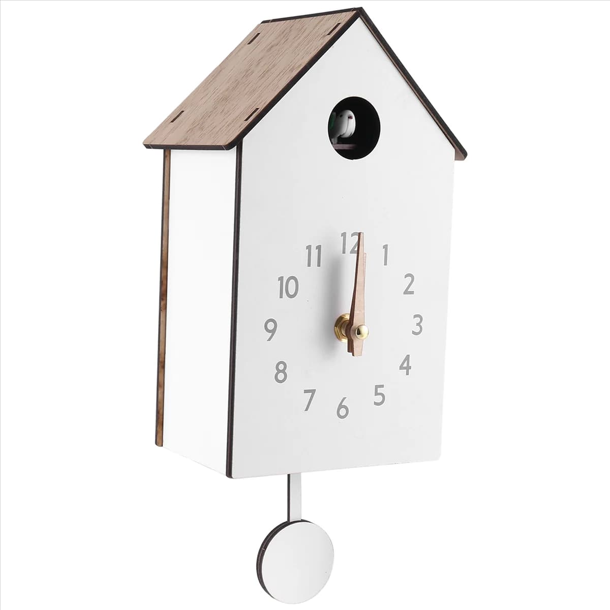 Relógio de parede em forma de casa branco com detalhes em preto.