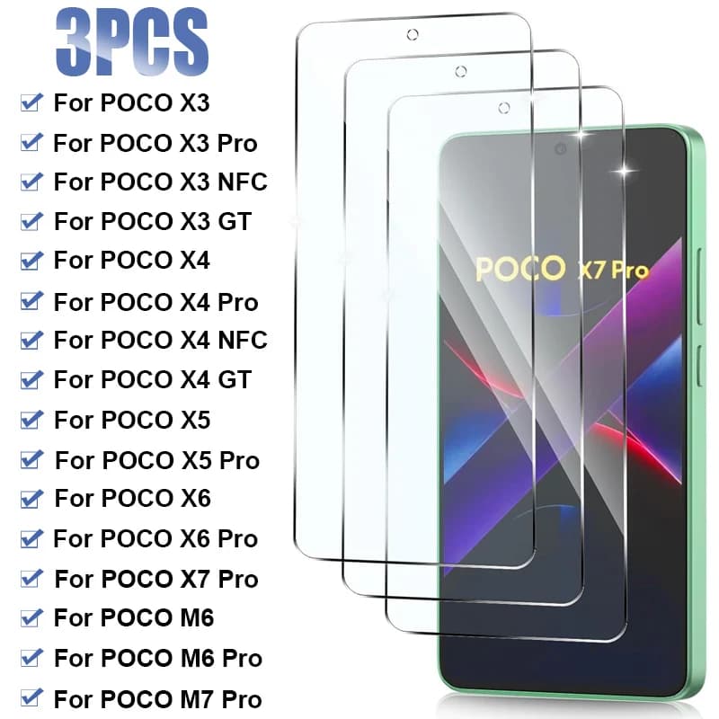 Protetores de tela de vidro transparentes para smartphones POCO X3, X4, X5, X6, X7, X8 Pro Max e Xiaomi Poco M5, M5S, M6, M7 Pro 5G