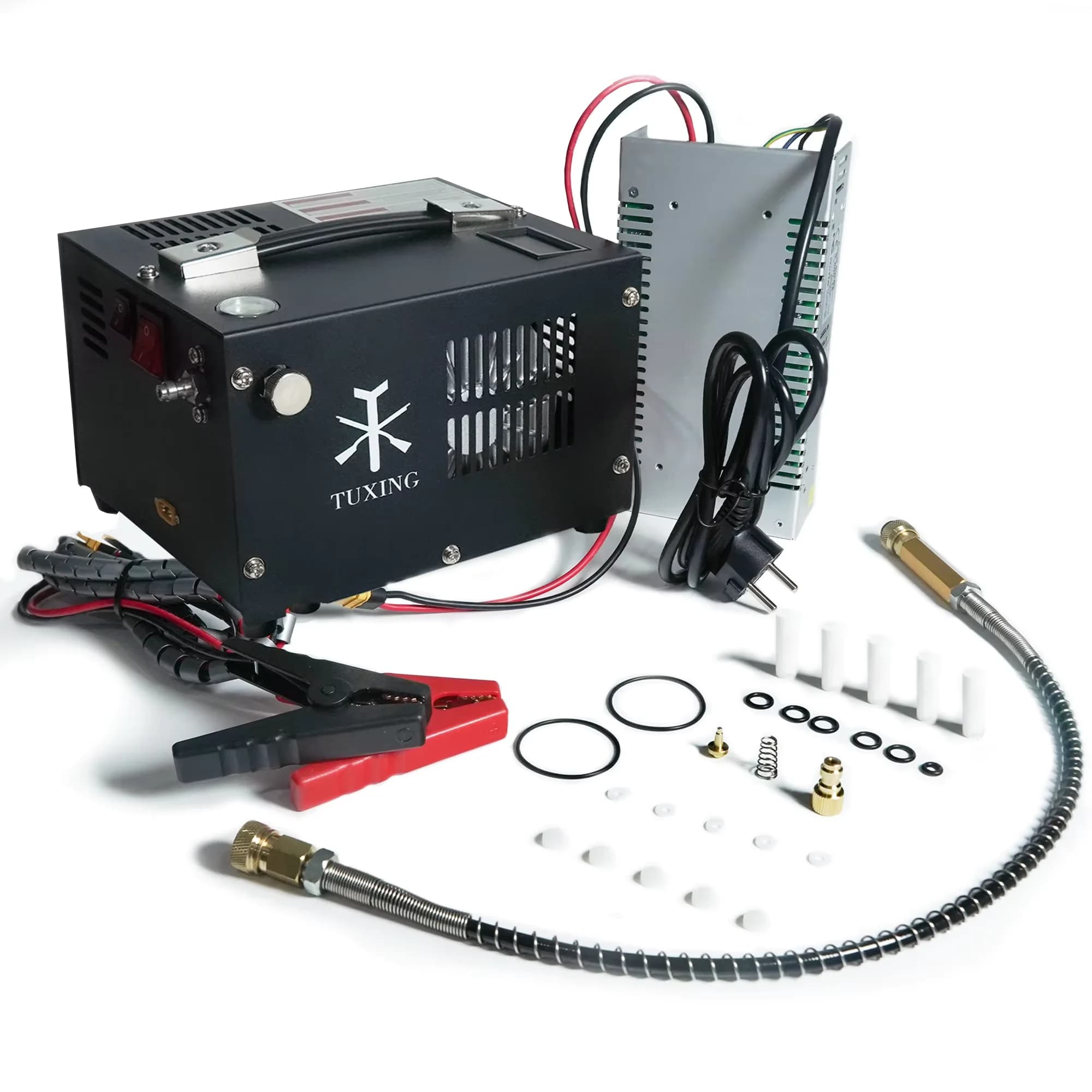 Compressor de ar portátil Tuxing preto com acessórios para paintball e mergulho