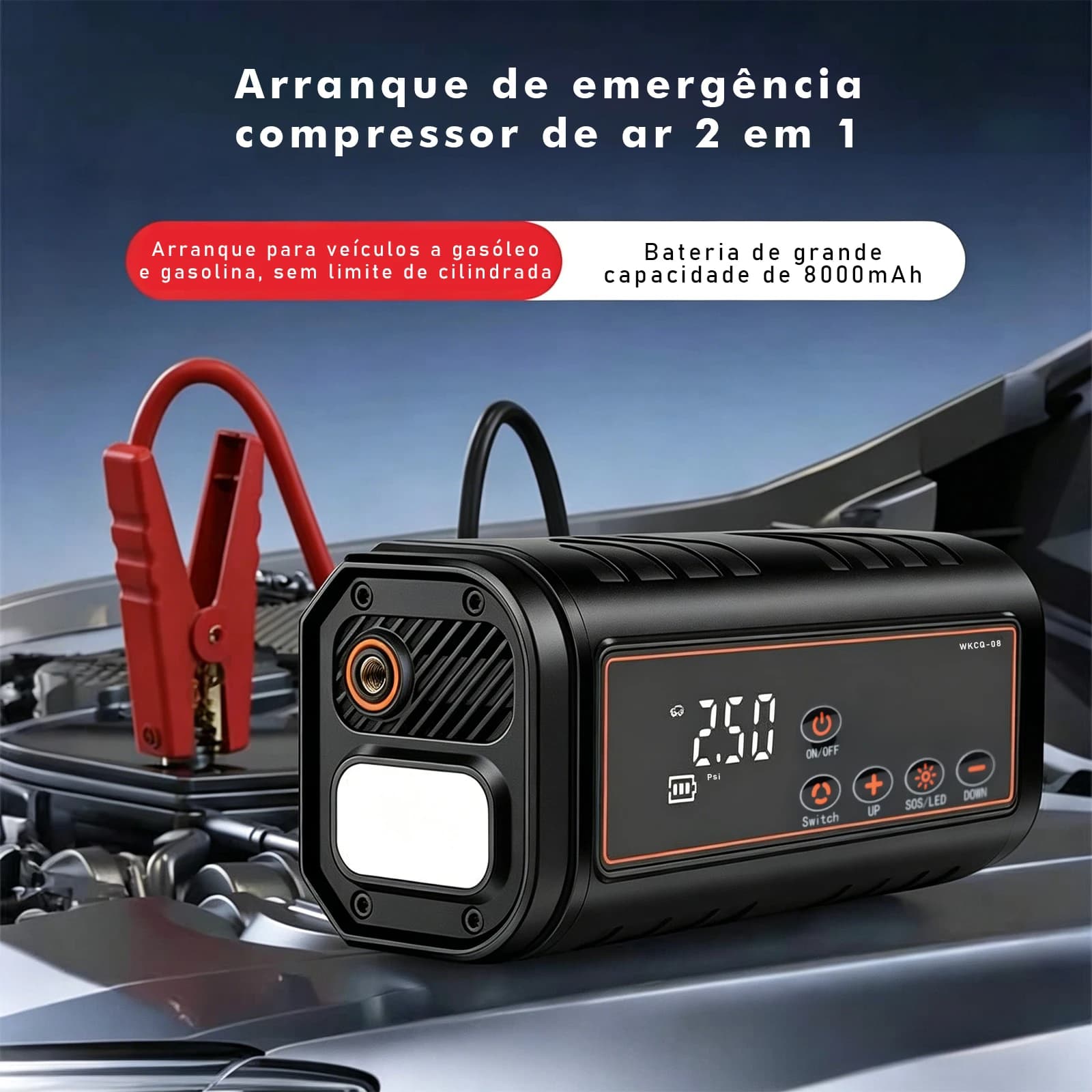 Power Bank com Compressor de Ar para Carro 2 em 1 Arranque de Emergência 8000mAh Inflador de Pneus Luz SOS Carregamento Tipo-C