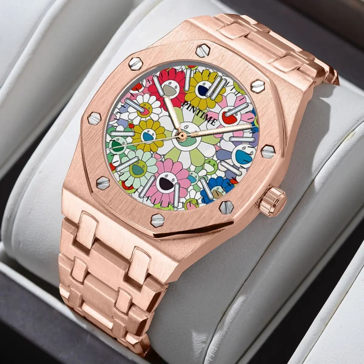 Relógio de Quartzo Esportivo Masculino com Mostrador Personalizado de Girassol, Pulseira de Aço à Prova d'Água, Design Octogonal Moderno, Caixa à Prova d'Água, Resistente ao Suor e ao Desgaste, Ideal para o Dia a Dia e Uso Casual, Relógio Masculino Moderno de Sucesso de Vendas Transfronteiriço, Presente para Irmãos e Namorados.