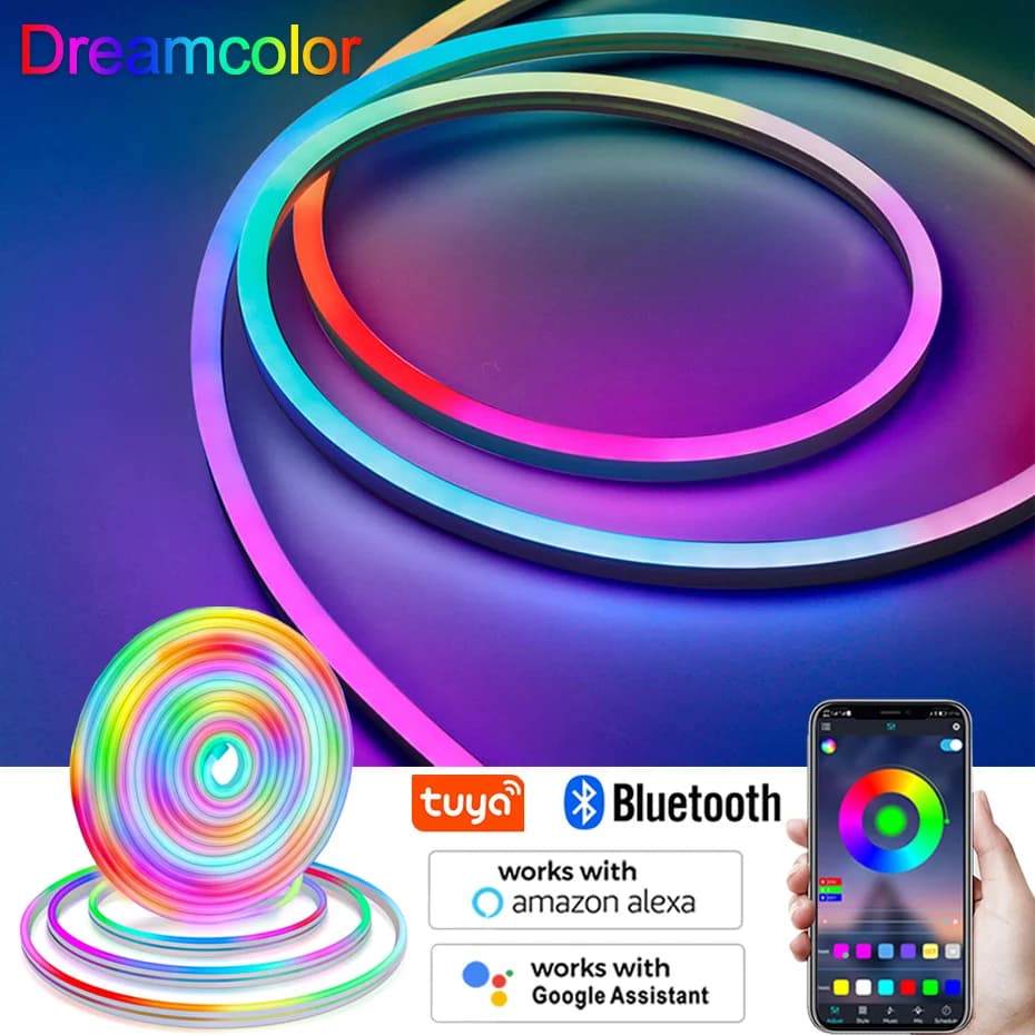 RGBIC LED Luzes de tira neon 12V Dream Color Rainbow Fita de lâmpada flexível RGB à prova d'água Tuya APP WiFi/Bluetooth Controle Alexa