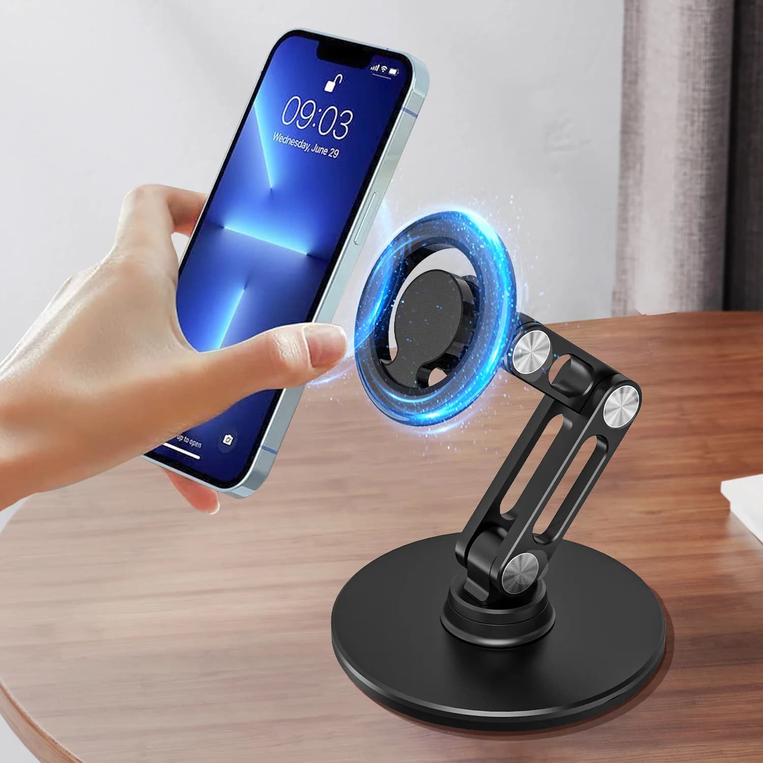 Suporte magnético para celular preto com efeito de magnetismo destacando fixação do smartphone