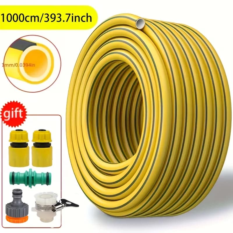 Mangueira de jardim de borracha resistente amarela com listras pretas, 1000cm, kit com conectores e adaptadores, resistente a arranhões e desgaste.