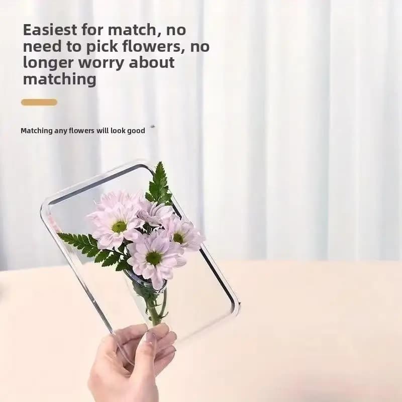 Vaso acrílico transparente com flores rosas e folhas verdes para decoração