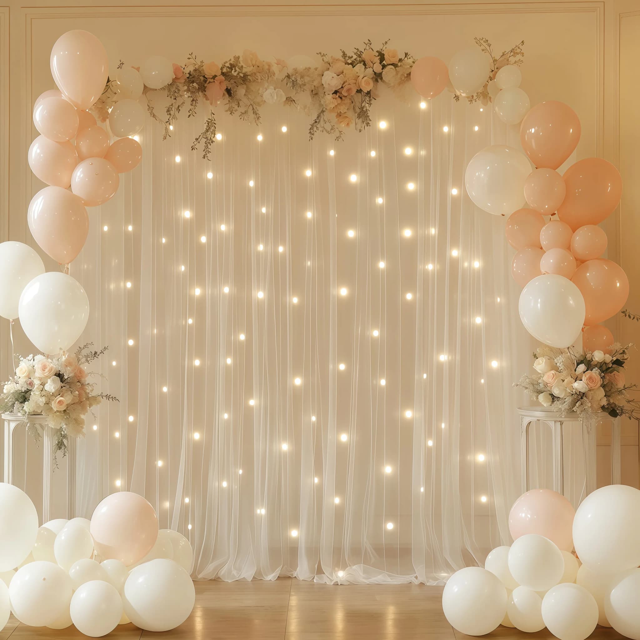 Cortina de tule branca 3x3m com iluminação LED quente decorada com balões e flores para casamento
