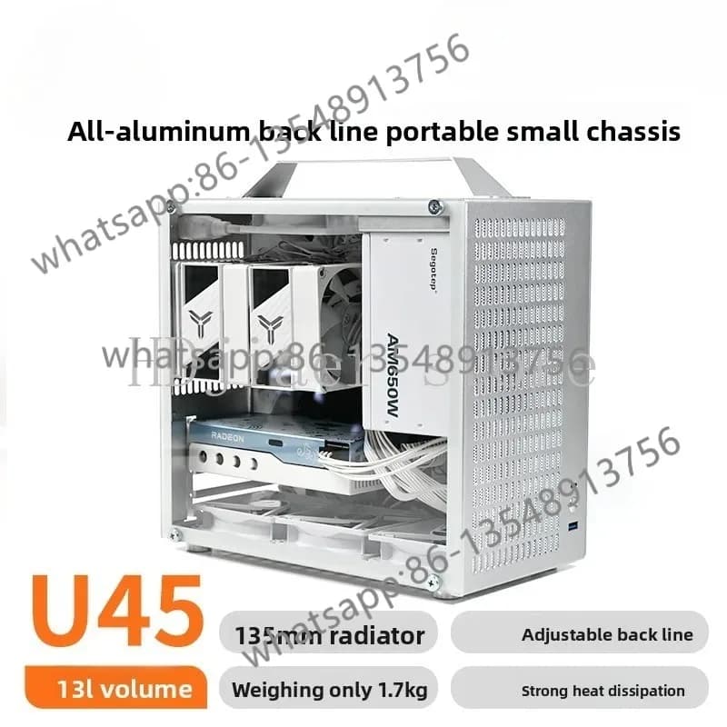 Caixa de computador U45 portátil em alumínio prata com dissipação de calor e volume de 13 litros para placas mATX/ITX