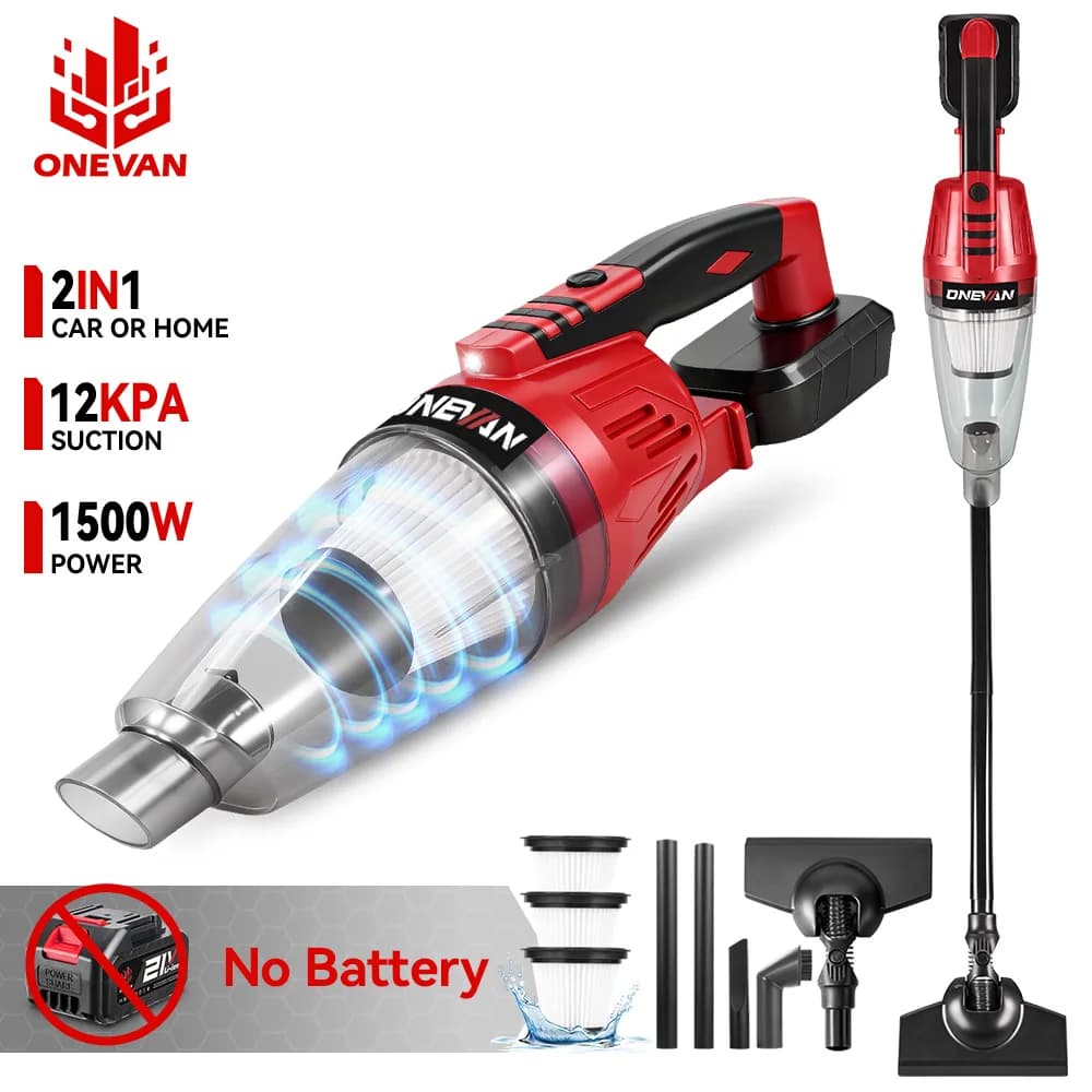 Aspirador de pó elétrico sem fio Onevan 1500W vermelho e preto com iluminação LED azul