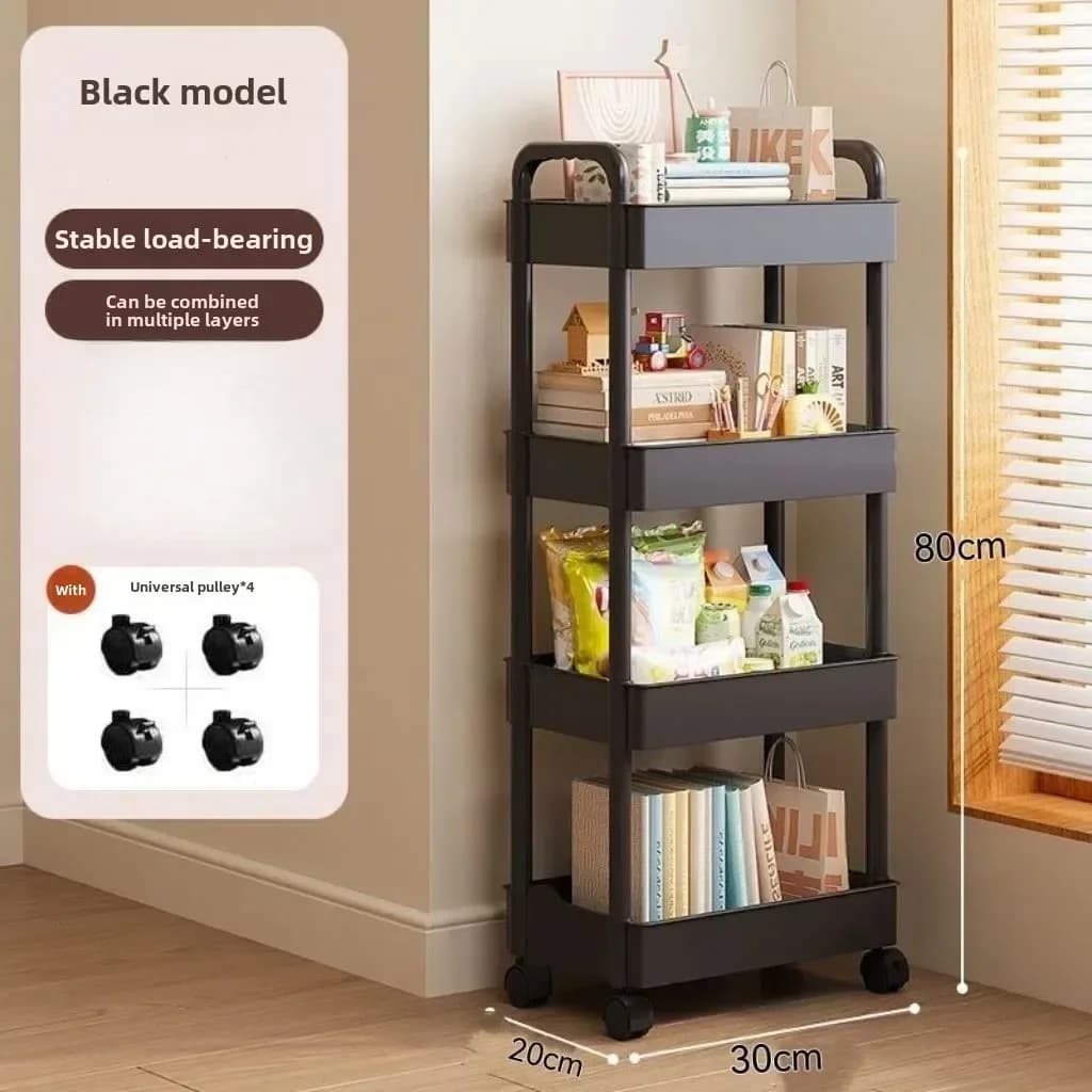Carrinho de armazenamento Black Model preto 80cm com 4 prateleiras abertas e rodas universais para uso múltiplo