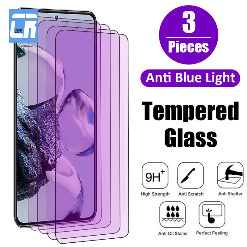 Três protetores de tela de vidro temperado lilás para smartphones anti-luz azul