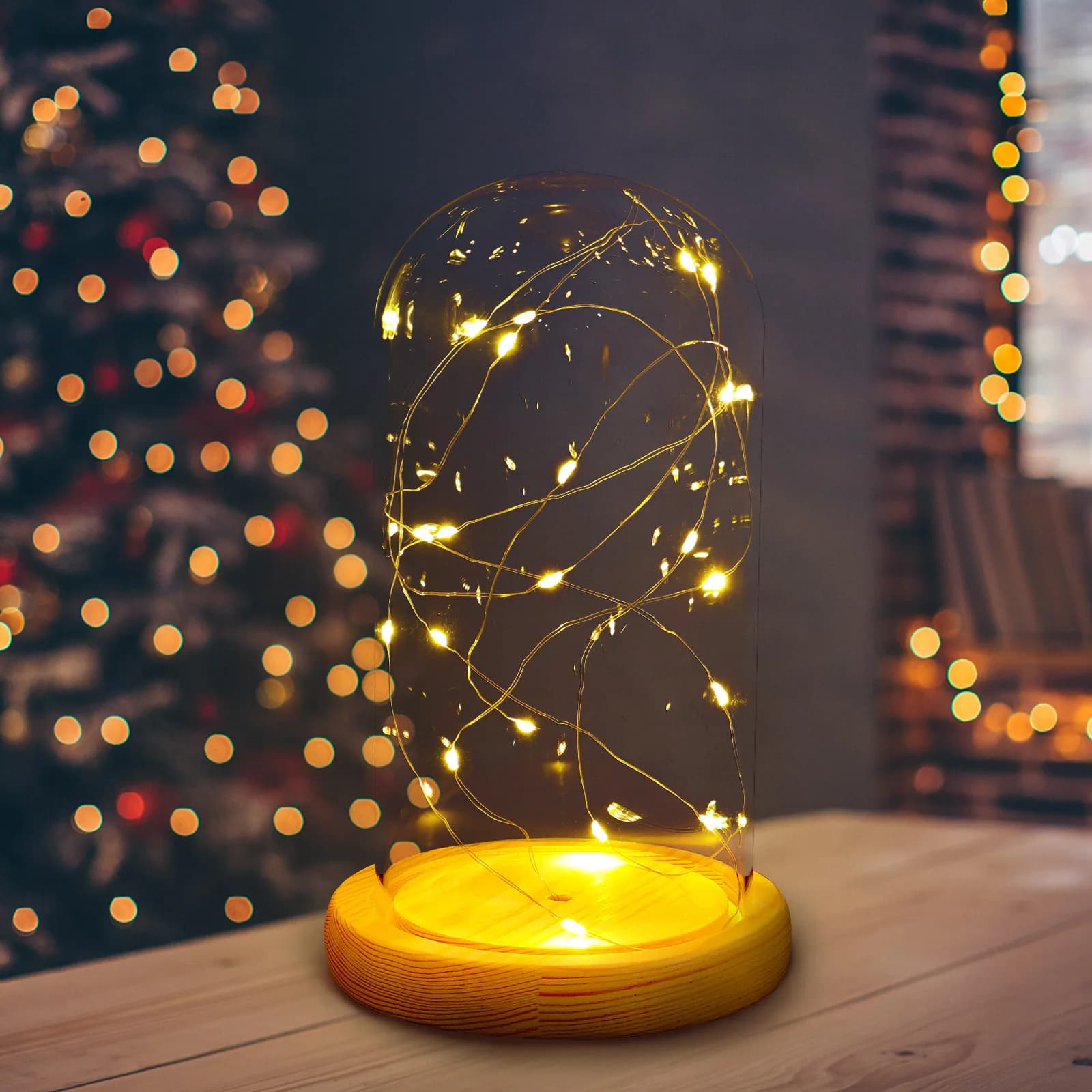 Luminária Noturna Criativa em Forma de Estrela com Cúpula de Vidro, Alimentada por Bateria, Base de Madeira, Lâmpada de Mesa para Decoração de Casa, Escritório, Quarto Infantil, Presente