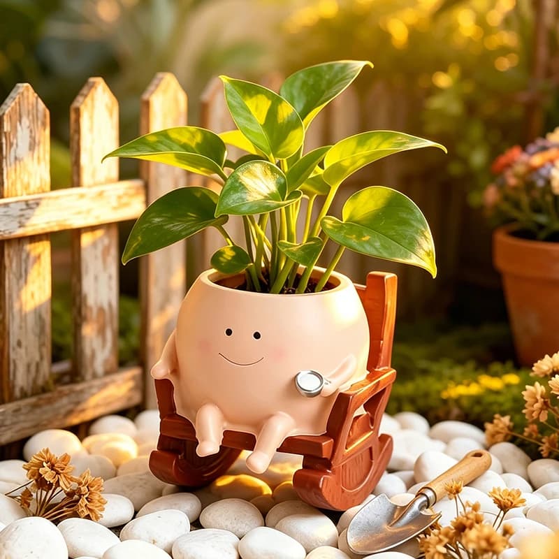 Vaso Jácotei Fantasma Sorridente rosa pálido em resina com planta verde, design cadeira de balanço para decoração de jardim