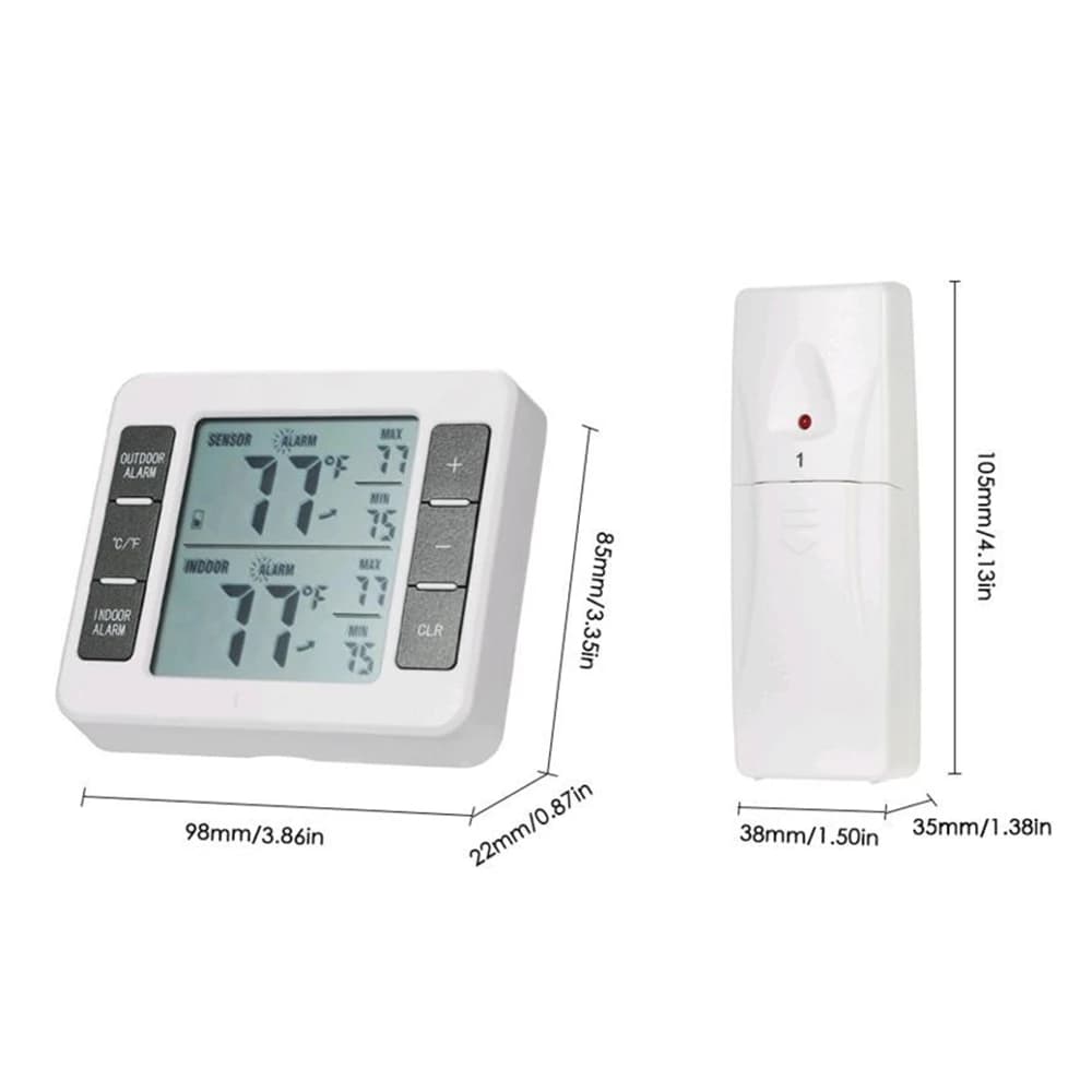 Dimensões do termômetro digital branco com display LCD e sensor externo para monitoramento de temperatura