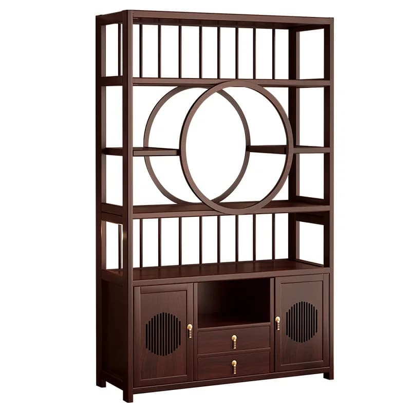 Estante de madeira marrom para sala de chá chinesa com múltiplos compartimentos e design circular