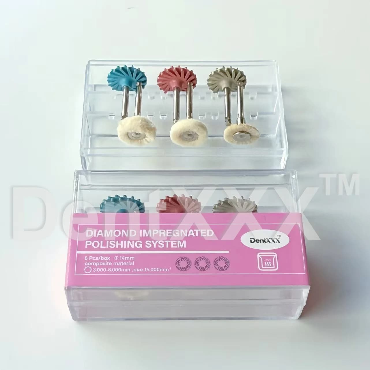 Kit de polimento diamante com haste 2,35mm em estojo transparente com discos e escovas para polimento dental