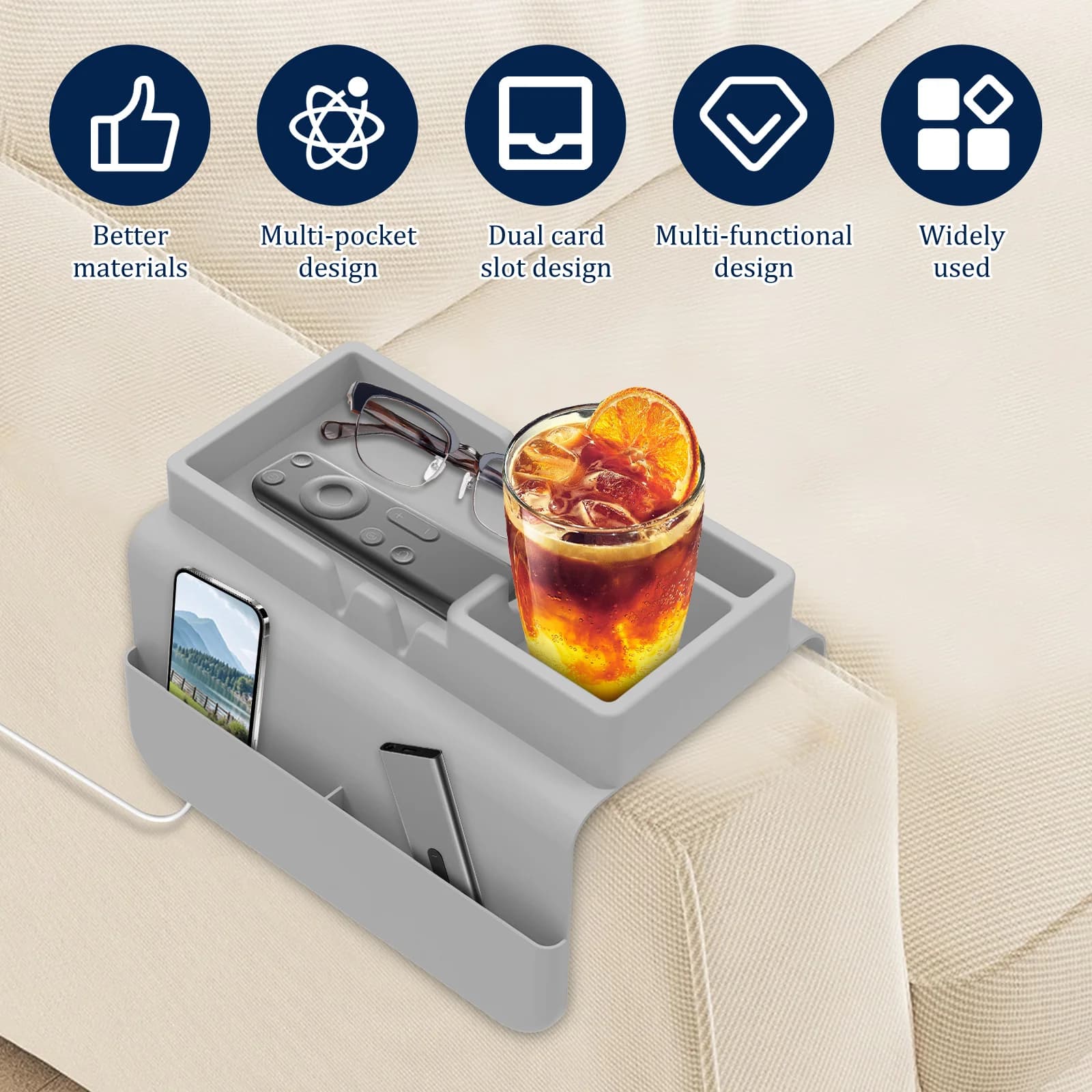 Suporte de copo para sofá com bandeja de silicone cinza, compartimentos para bebidas e telefones
