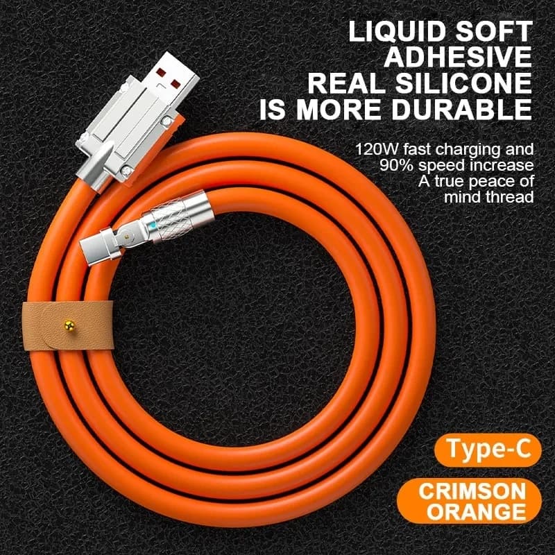 Cabo de carregamento USB Tipo C gamer laranja com revestimento de silicone e conector metálico