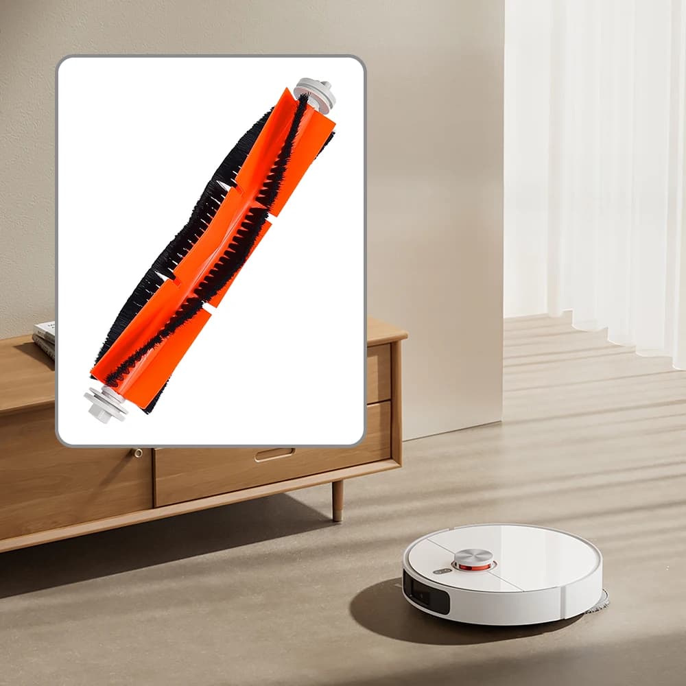 Escova laranja com cerdas pretas para Xiaomi Mi Robot Vacuum Mop 2 Ultra, mostrada ao lado do robô aspirador branco