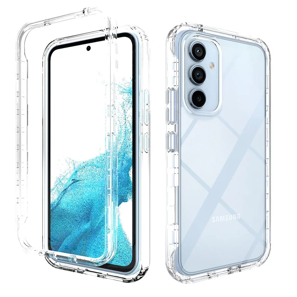 Capa transparente para smartphone Samsung, frente e verso, com câmera tripla e logotipo visível