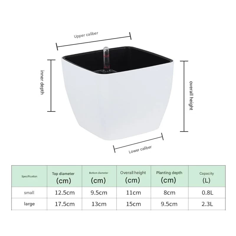 Vaso quadrado branco autoirrigável com indicador de nível e tabela de medidas e capacidade em litros
