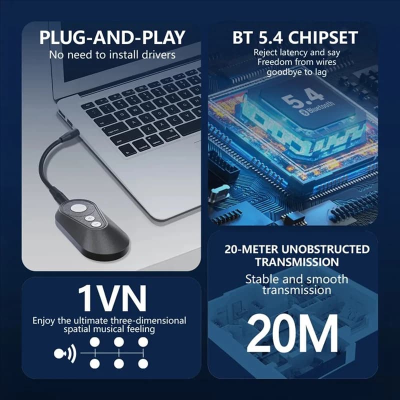 Adaptador de Áudio Bluetooth 5.4 Conectado a um Laptop com Botões de Controle